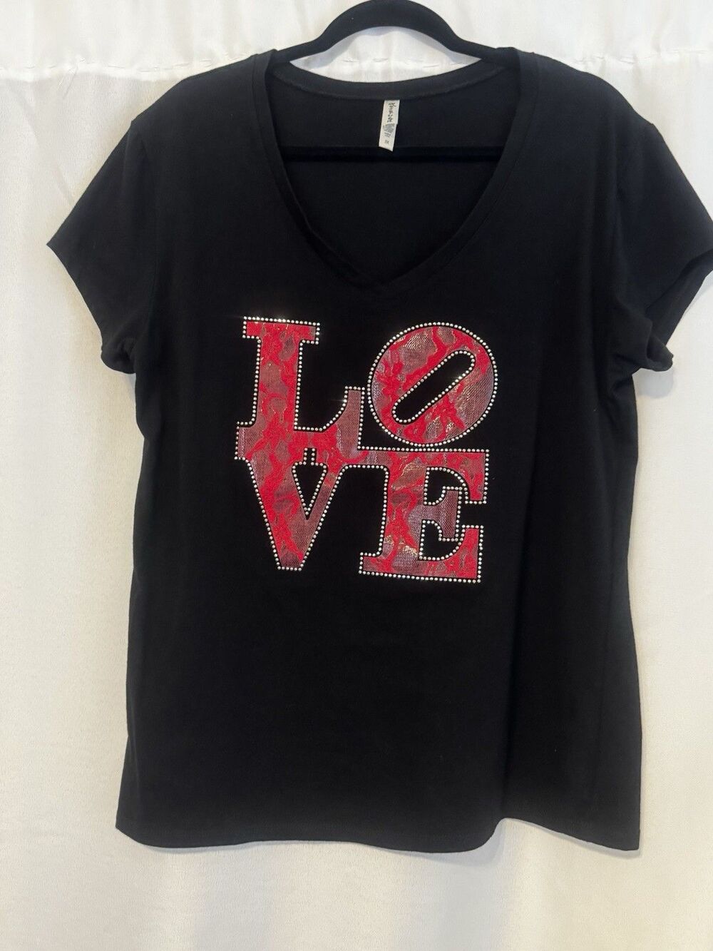 Reserved Black 95% Cotton LOVE Graphic V-Neck Short Sleeve T-Shirt 3X
